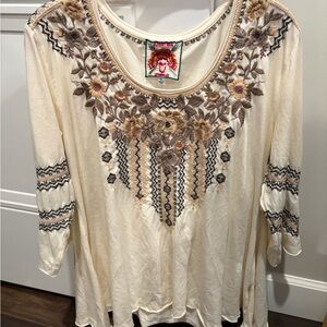 EUC….. Johnny Was Cream Embroidered Tunic with Multi Colored Floral Detail